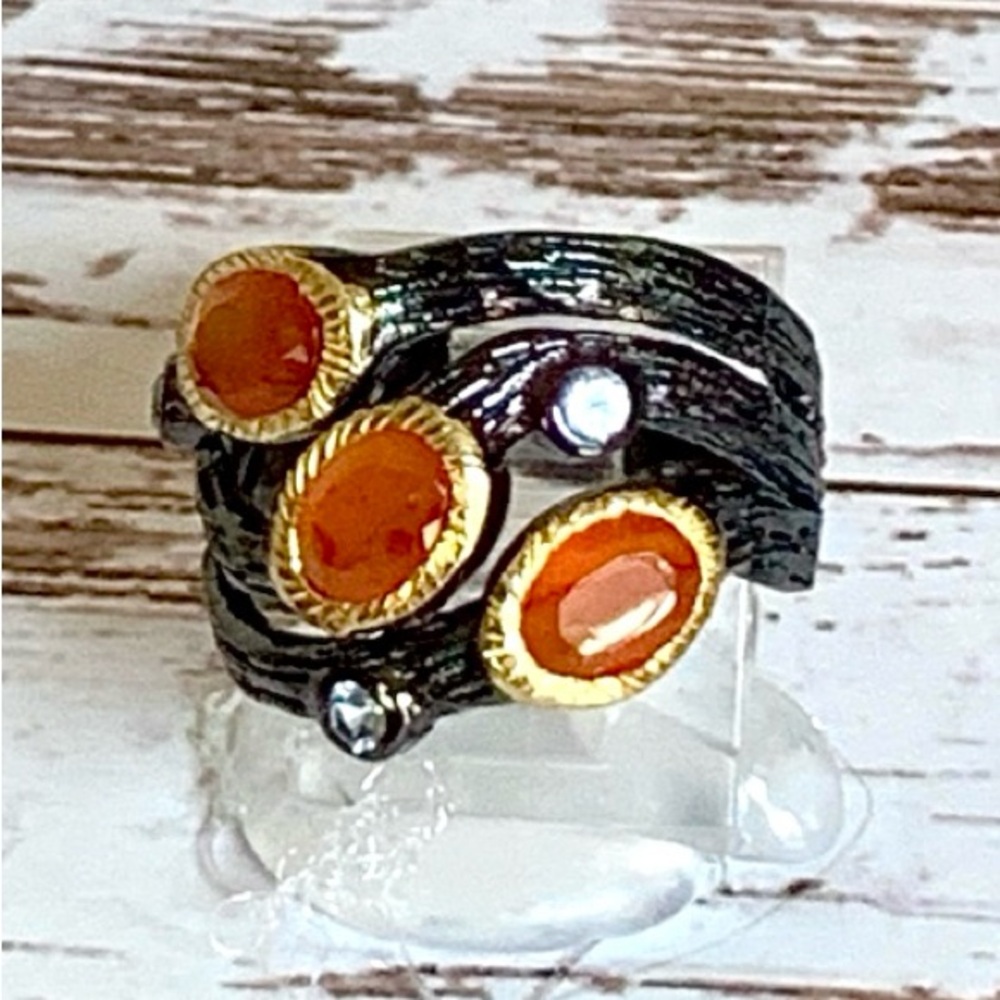 Sterling & 14 kt Artisan Carnelian Botanical Ring